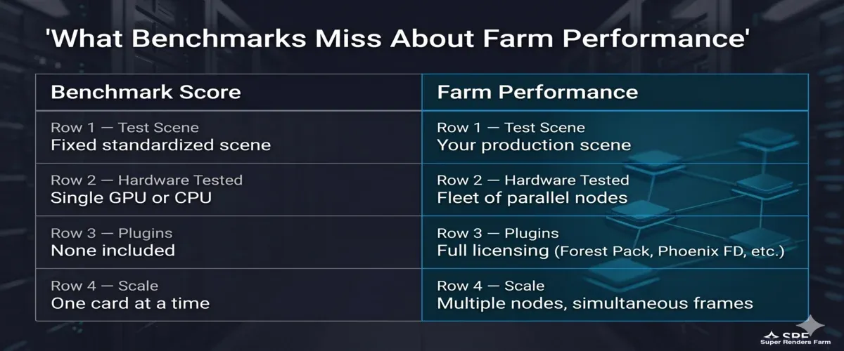 O que as pontuações de benchmark medem versus o que o desempenho real de uma render farm entrega