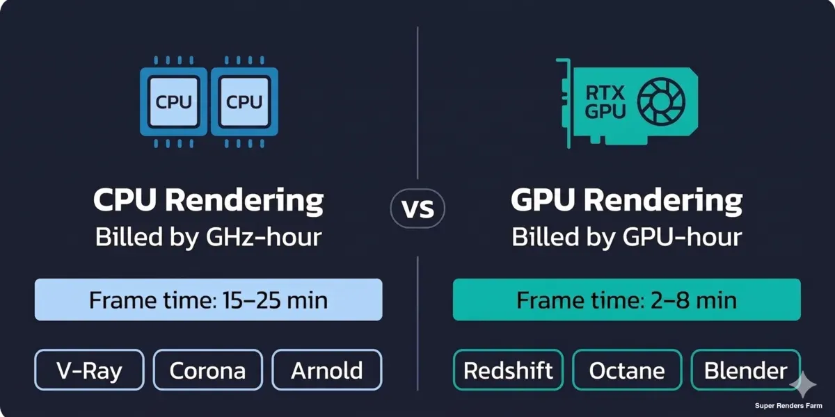 Comparación de facturación en render farm CPU vs GPU — GHz-hour para V-Ray, Corona, Arnold vs GPU-hour para Redshift, Octane, Blender