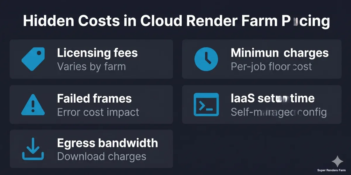 Costos ocultos comunes en los precios de render farms en la nube — cargos de licencia, cargos mínimos, fotogramas fallidos, tiempo de configuración IaaS, ancho de banda de salida