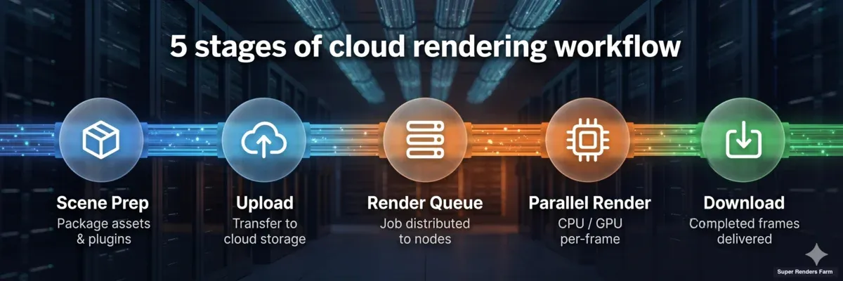 Cloud rendering workflow — prepare scene, upload files, render in parallel on server nodes, download completed frames