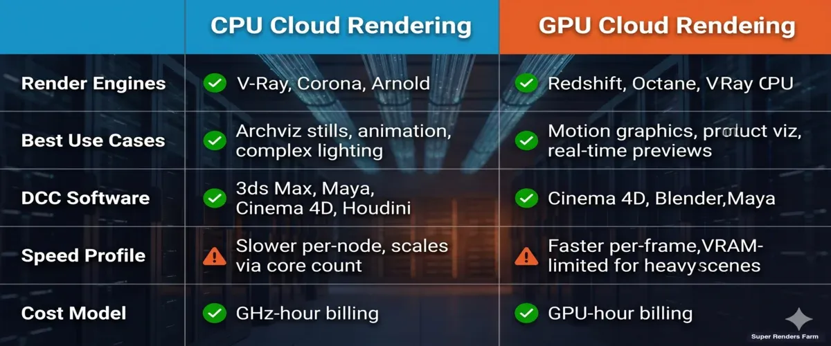 CPU vs GPU rendering engines comparison — V-Ray, Corona, Arnold support CPU; Redshift, Octane support GPU; Cycles supports both