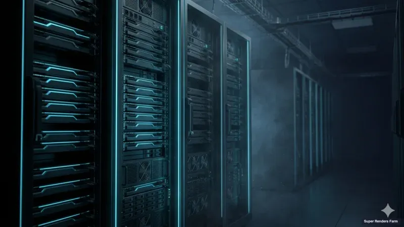 Composição cinematográfica de rack de servidores GPU representando a frota de hardware da render farm na nuvem para Karma XPU e Redshift.