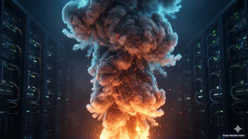 Pormenor de simulação volumétrica Pyro em grande plano, representando um ficheiro de cache Houdini Pyro num fluxo de renderização na nuvem.