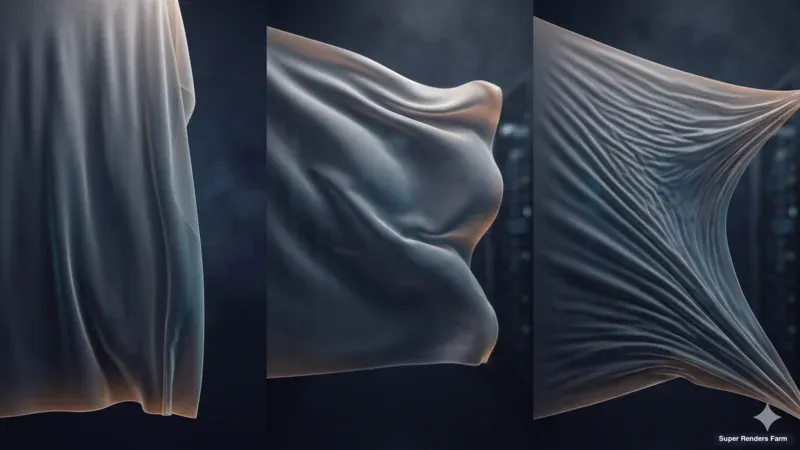 Composição abstracta em tríptico com três poses de simulação de tecido subtilmente variadas, evocando um fluxo Houdini wedge ou take-batch.