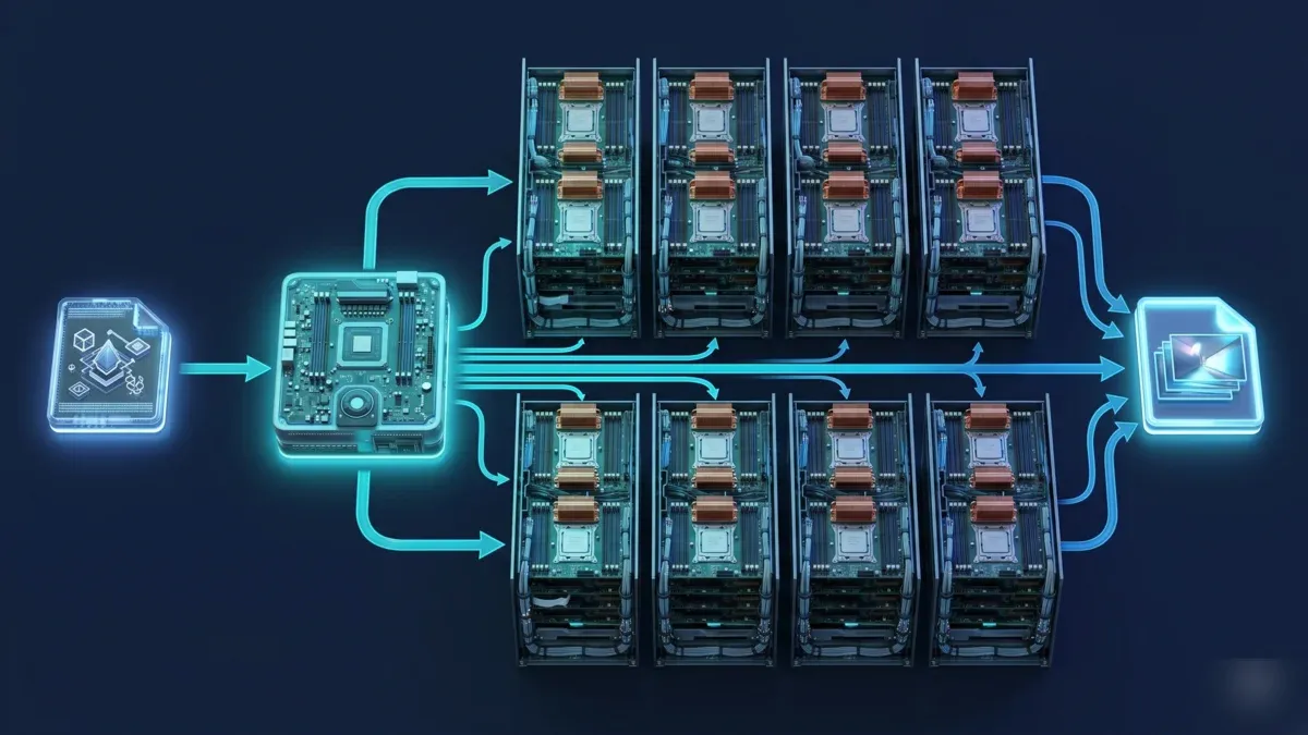 Diagrama de una render farm CPU que distribuye un trabajo desde un archivo de escena a través de un nodo administrador hacia ocho servidores worker y hacia una salida compuesta
