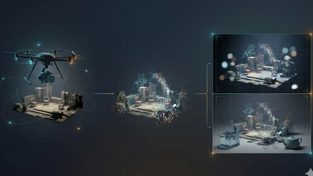 Pipeline Gaussian Splatting — capture drone ou reflex → reconstruction → lecture temps réel Unreal Engine + compositing V-Ray 7 par lancer de rayons