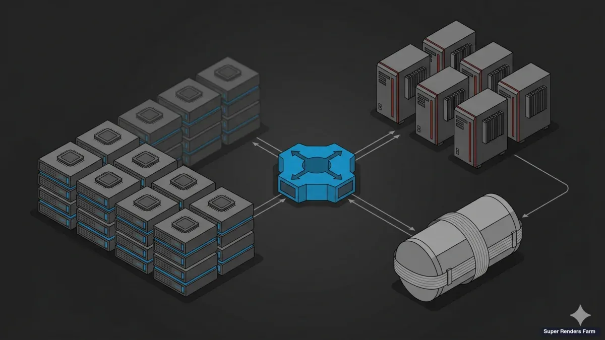 Diagrama de arquitectura general de la flota mostrando el pool de CPU, el pool de GPU, el almacenamiento compartido y la capa central de enrutamiento de licencias