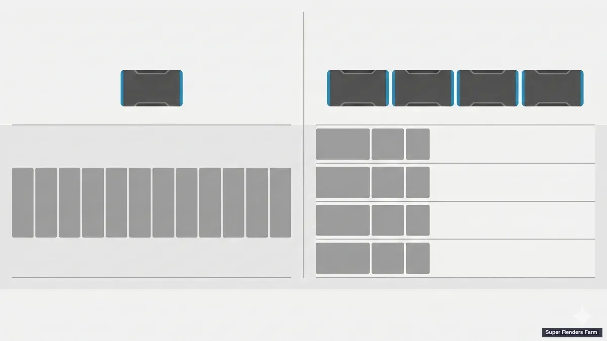 Diagramme conceptuel Image par nœud montrant le rendu série sur un nœud versus le rendu parallèle sur plusieurs nœuds