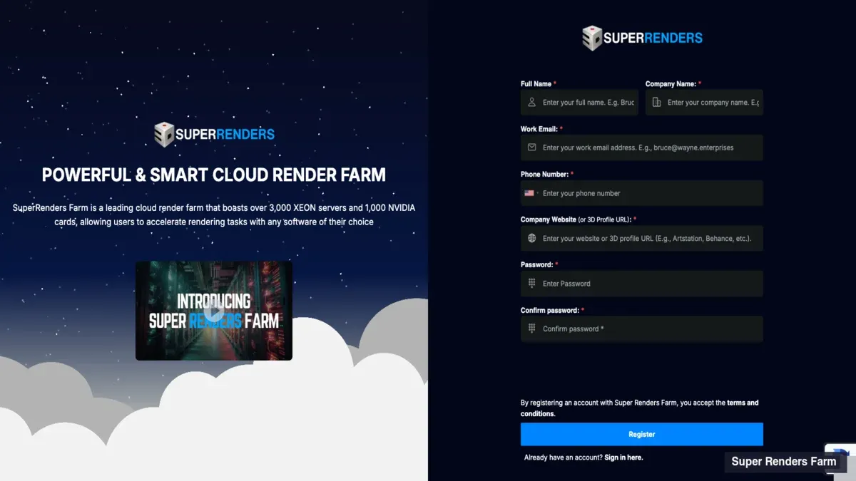 Anmeldeformular auf superrendersfarm.com