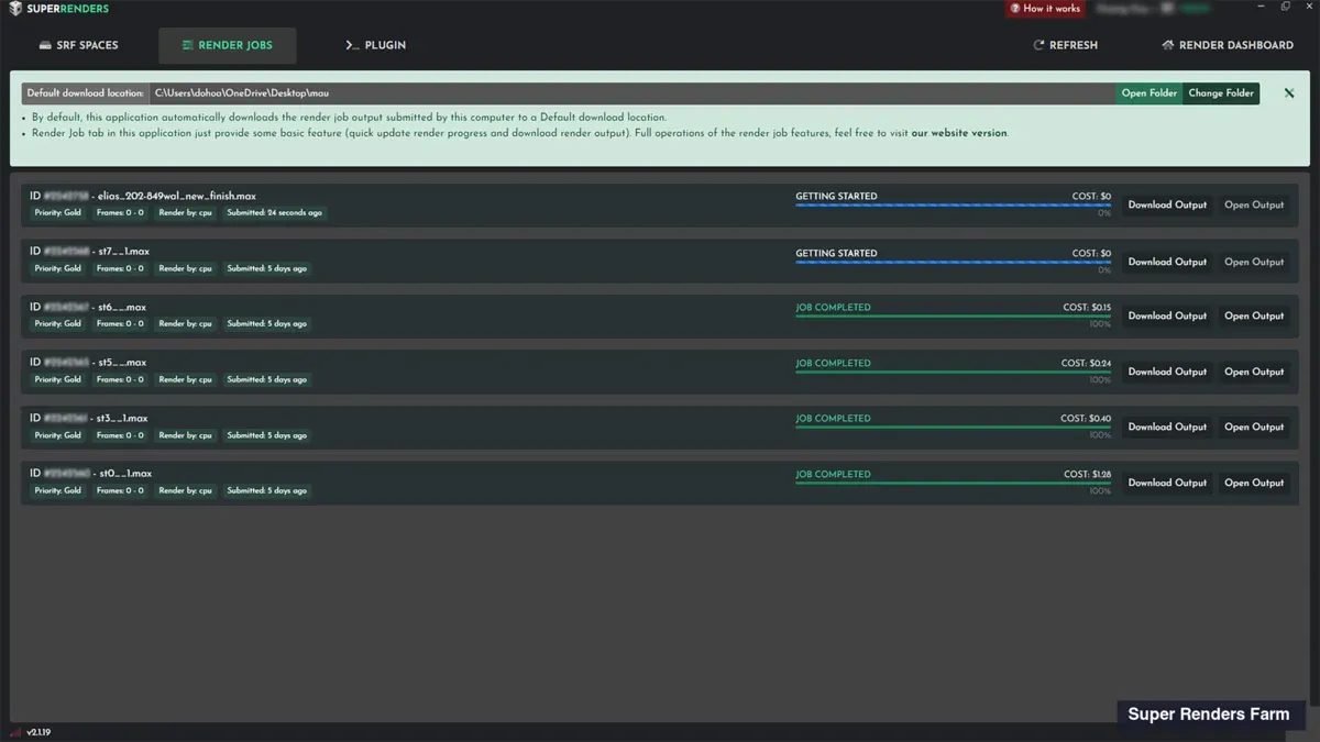 Ansicht des abgeschlossenen Jobs mit Download-Panel und Kosten-Ledger