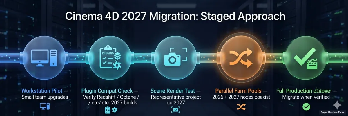 Cinema 4D 2026'dan 2027'ye geçiş aşamalı yaklaşım — iş istasyonu pilotu, eklenti uyumluluk denetimi, sahne render testi, paralel render farm havuzları ve tam üretim geçişi