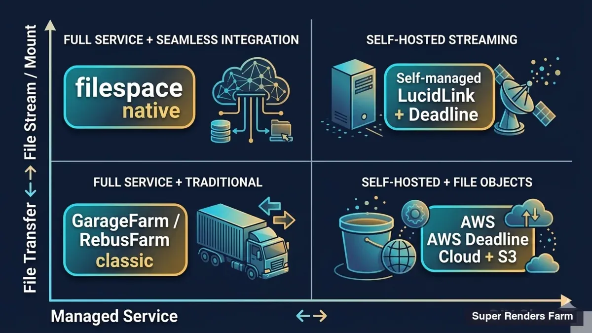 2x2 market quadrant comparing managed vs DIY render farms and file transfer vs file stream approaches with vendor positioning