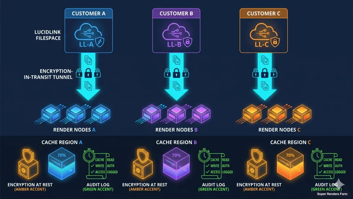 Network architecture diagram showing per-customer cache isolation encryption at rest and in transit and audit logging flow for filespace rendering