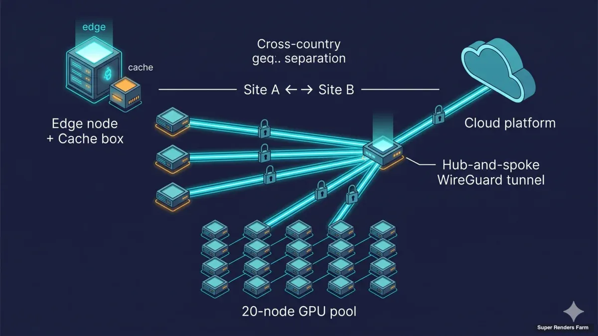 Network topology diagram showing WireGuard hub-and-spoke architecture with cross-country geographic separation 20-node GPU pool and cloud platform connectivity