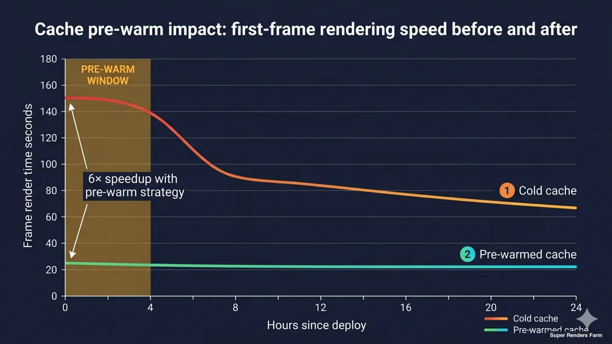 Timeline graph comparing first-frame rendering speed during cold cache versus warm cache phases with pre-warm window highlighted
