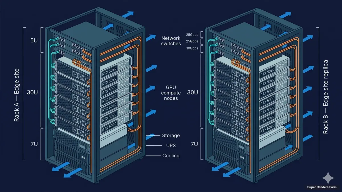 20-node GPU server rack elevation diagram showing RTX 5090 specifications cooling layout and cable management for cross-country deployment