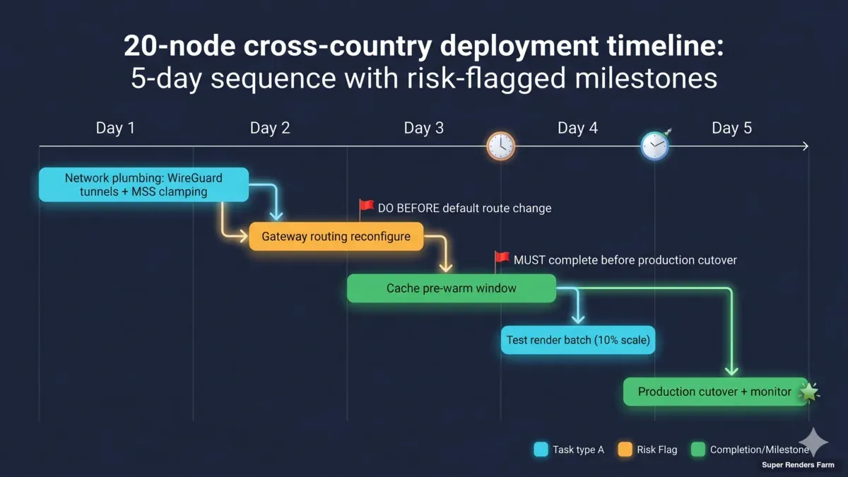 Deployment timeline Gantt chart showing 20-node cross-country render farm sequence with risk flags pre-warm window MSS clamping and gateway routing milestones