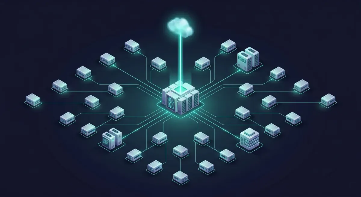 Topologia hub-and-spoke de render farm, com um único túnel seguro para a internet