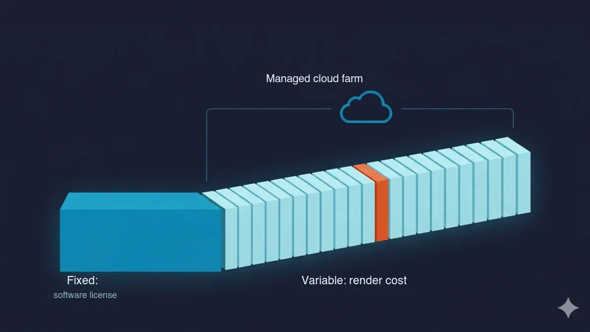 The total cost of 3D software as a fixed annual license cost plus a variable render cost, with the render-engine license folding into compute on a managed cloud render farm.