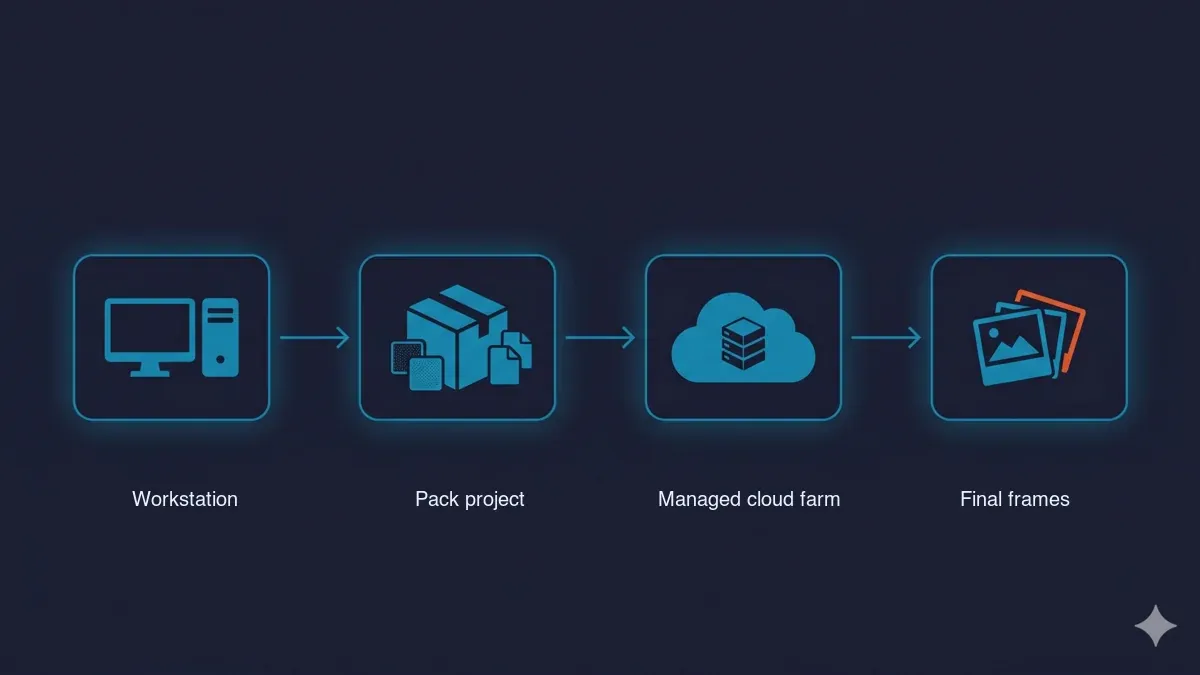 The cloud render pipeline — local workstation, a correctly packed project bundle, a managed cloud render farm, and downloaded final frames.