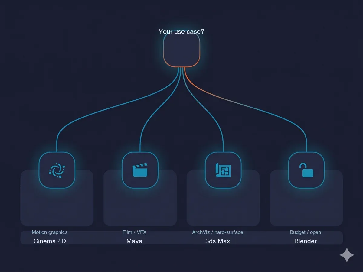 Use-case to software routing — motion graphics to Cinema 4D, film and VFX to Maya, architectural and hard-surface to 3ds Max, and budget or open-pipeline work to Blender.
