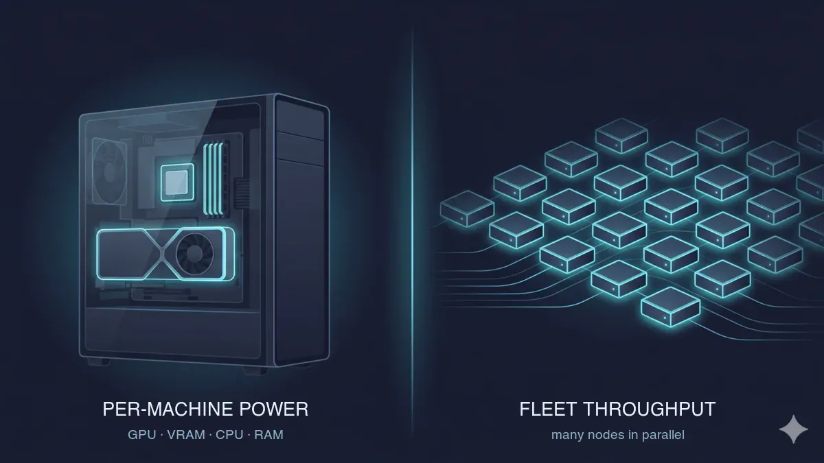 The two axes of high-performance 3D rendering — per-machine power (GPU, VRAM, CPU, RAM) in a single workstation on the left, and fleet throughput across many parallel compute nodes on the right.