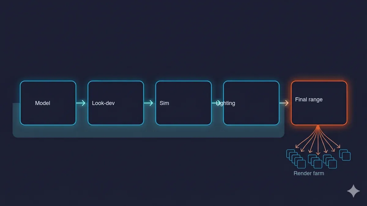 The 3D production pipeline — model, look-dev, simulation, lighting and test renders, then the final frame range — with the first stages running locally and the final range fanning out to a parallel render farm at the bottleneck.