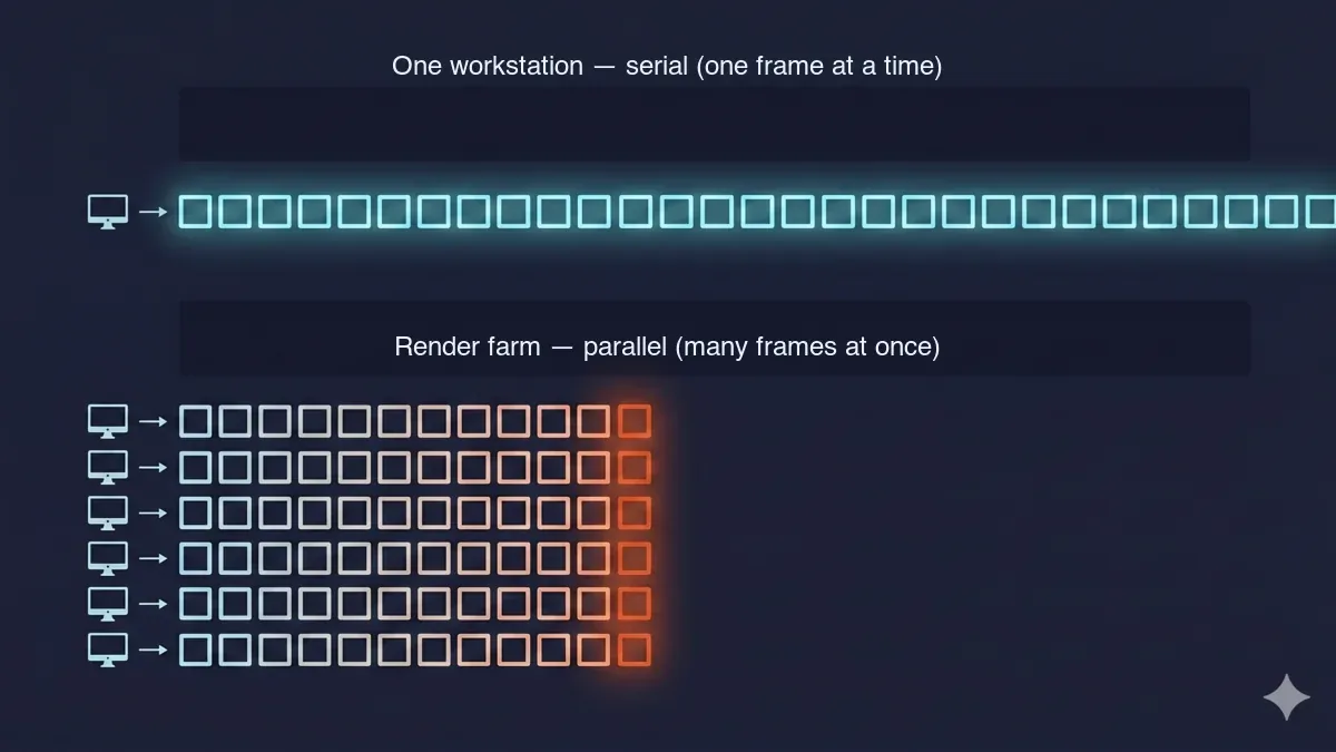 One workstation rendering frames serially versus a render farm rendering the same frames in parallel — the throughput difference that pushes large jobs to the cloud.
