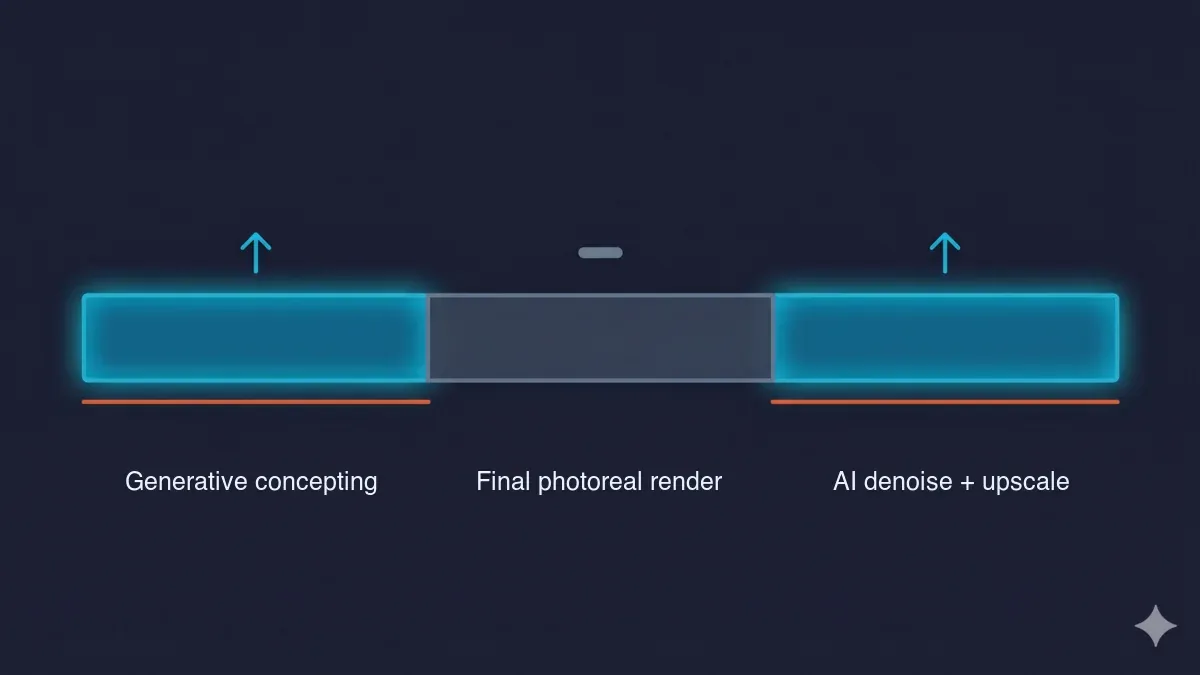 Where AI helps in the ArchViz pipeline — generative concepting at the front and AI denoising plus upscaling at the end, while the photoreal final-frame render in the middle stays a compute job AI does not replace.