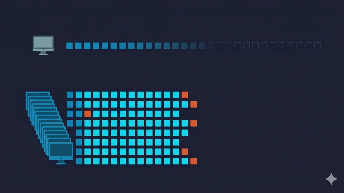 Serial versus parallel rendering — one workstation processing frames one at a time over a long timeline, versus a render farm processing many frames simultaneously in a fraction of the time.