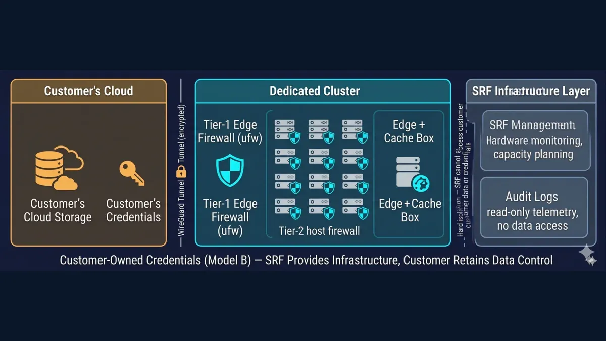 The end-to-end security boundary — customer cloud storage and credentials reaching a dedicated cluster across an encrypted WireGuard tunnel, with a Tier-1 edge firewall and Tier-2 host firewalls inside, and an SRF infrastructure layer hard-isolated from customer data under the customer-owned-credentials Model B pattern.