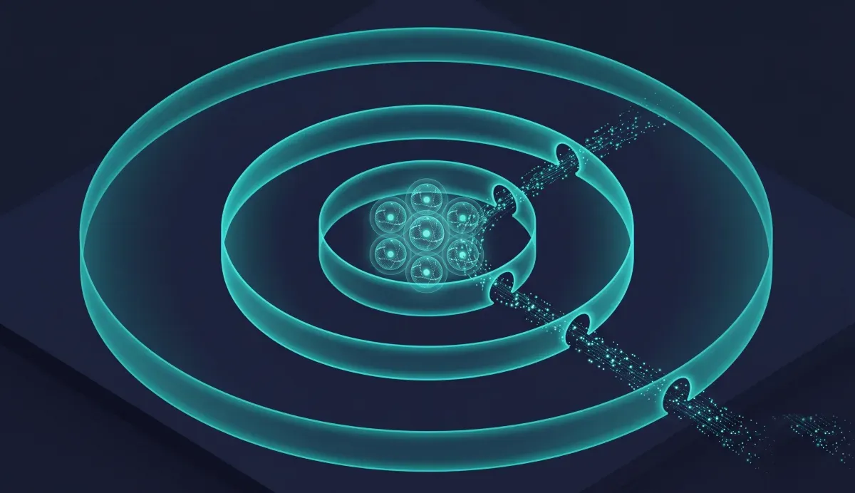 Concentric segmentation tiers wrapping the render cluster's core nodes — a default-deny Tier-1 edge on the outside and per-node Tier-2 host firewalls within, so traffic crosses only at controlled gates.