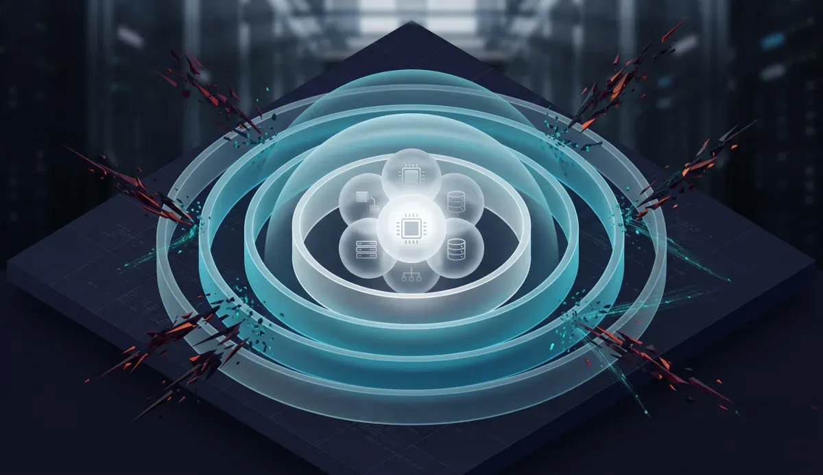The threat model — external probes and lateral-movement attempts striking the cluster's layered defenses from every side, with the core render assets contained behind the segmentation and encryption boundary.
