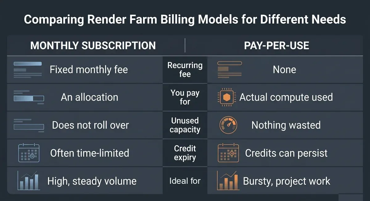 Confronto tra abbonamento mensile e pagamento a consumo per render farm riguardo a tariffa ricorrente, cosa si paga, capacità inutilizzata, scadenza dei crediti e i carichi di lavoro per cui si adatta ciascun modello.