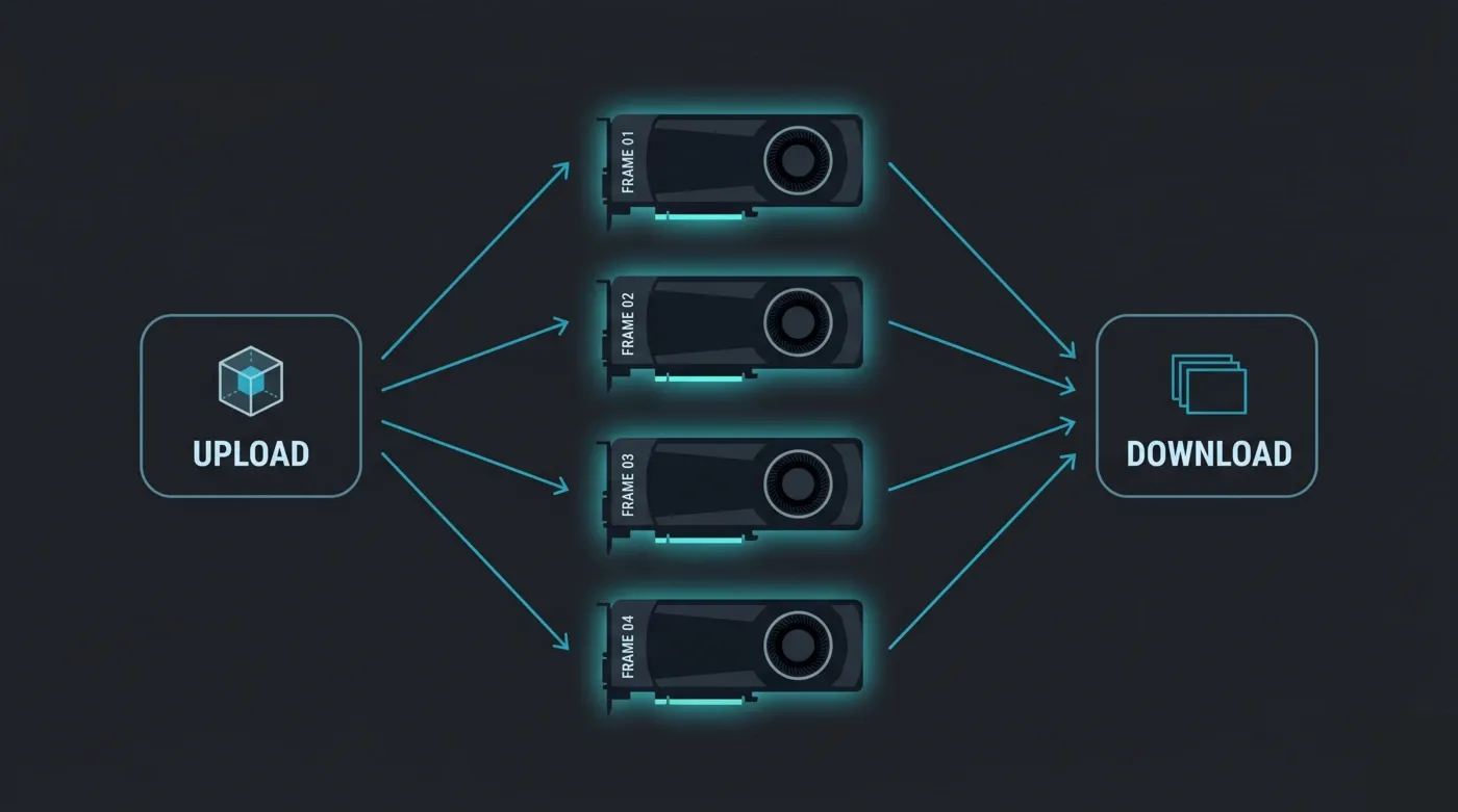 Octane render farm frame distribution: each RTX 5090 GPU node renders a different animation frame independently, then the finished frames are collected for download
