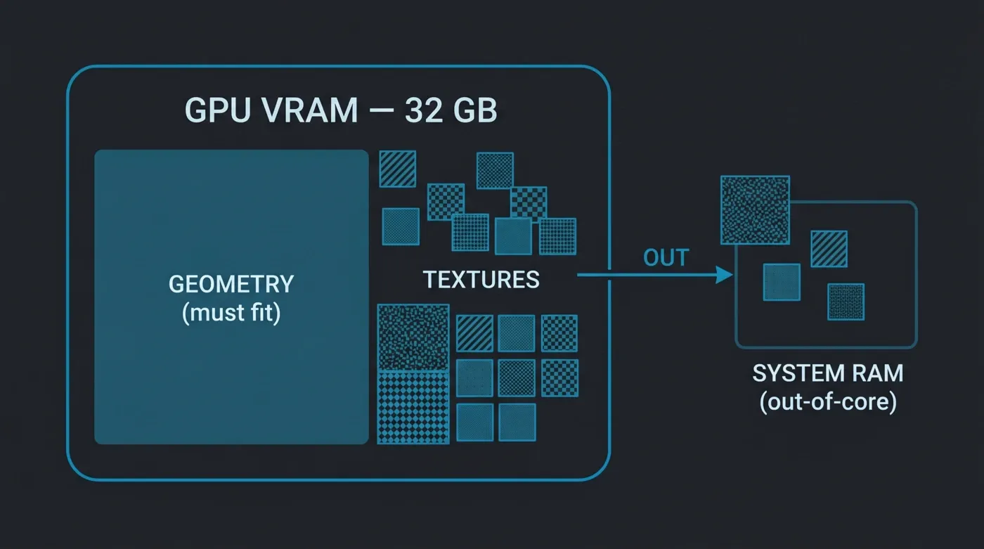 Octane out-of-core memory: geometry must fit inside the 32 GB GPU VRAM, while textures can spill over to system RAM
