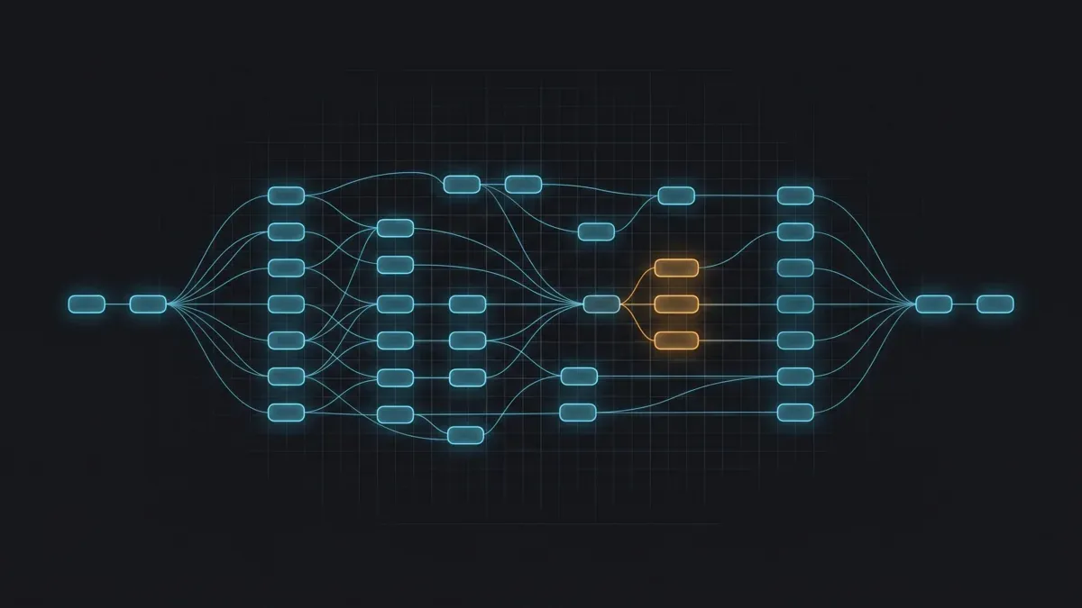 CPU'da çalışan çoğu kompozitleme node'u ile GPU hızlandırmalı birkaç node'u gösteren kavramsal Nuke node ağacı