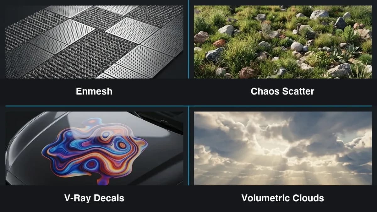 V-Ray 6 funzionalità di rendering — Enmesh, Chaos Scatter, V-Ray Decals e nuvole volumetriche