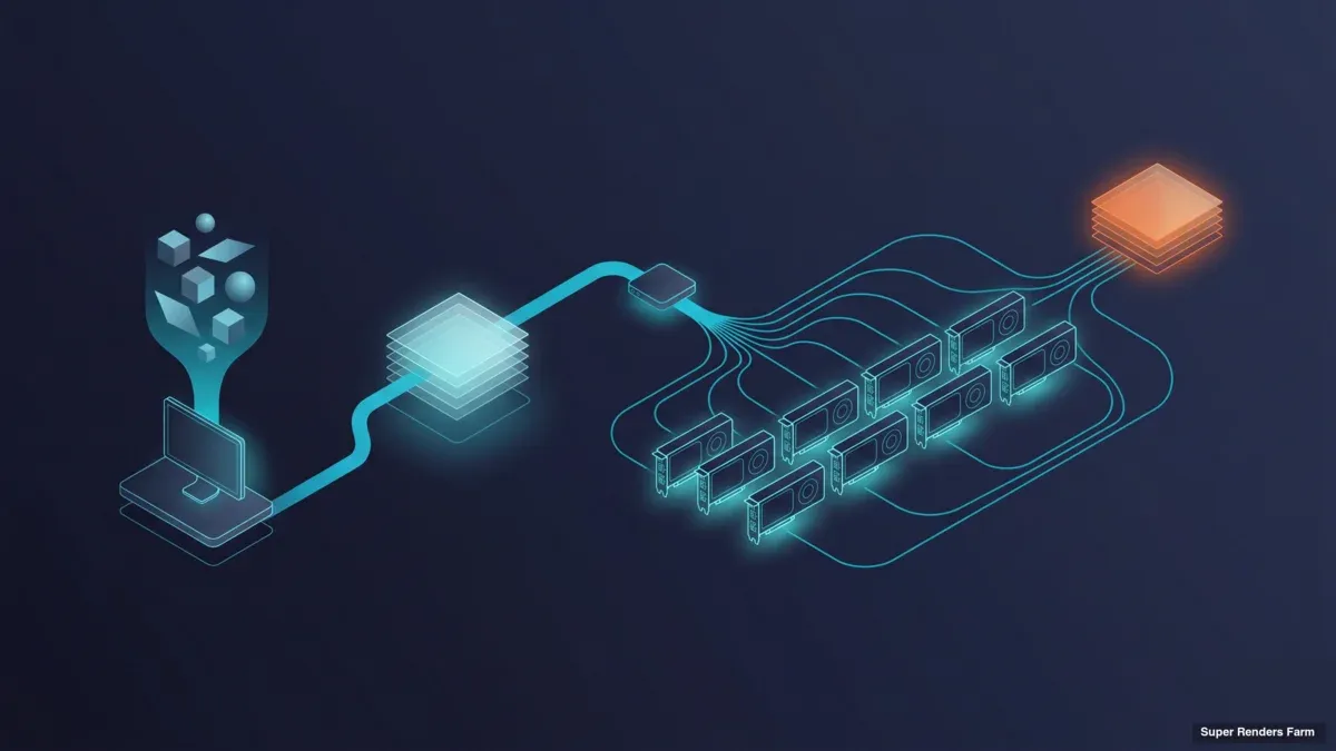 GPU render farm architecture — an artist workstation uploading a packaged scene through asset sync to shared storage, a job scheduler splitting frames across a fleet of GPU render nodes, and finished frames flowing back to output storage for download.