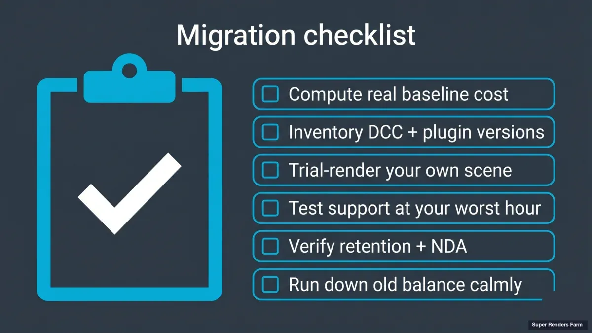 Render farm migration checklist: verify, test, compare, then move