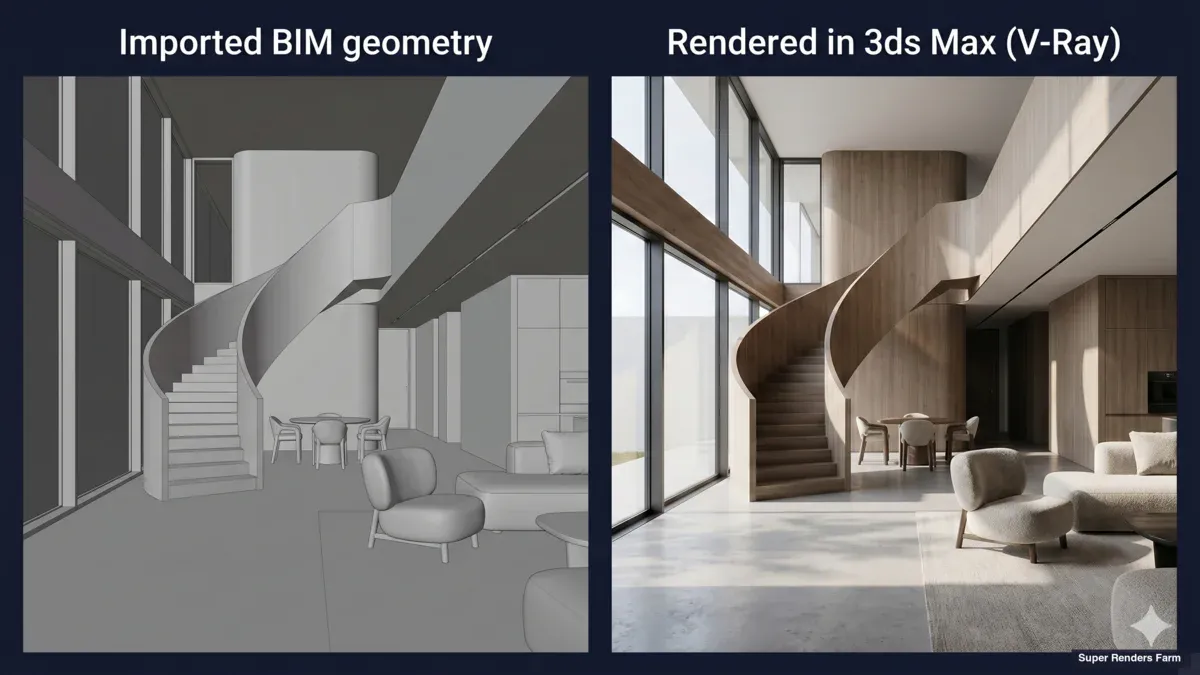 Geometria BIM importada (cinzenta, sem texturas) ao lado do mesmo interior após a reconstrução de materiais e iluminação e renderização no 3ds Max com V-Ray