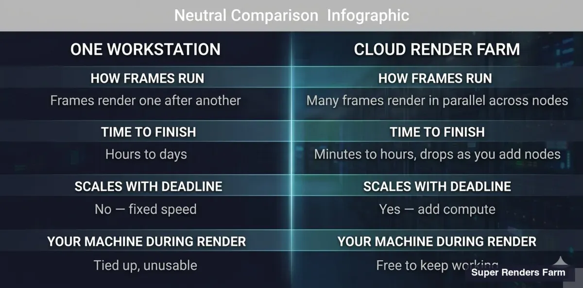 Uma estação de trabalho versus uma cloud render farm para uma animação: uma única máquina renderiza os frames um a um e fica presa, enquanto uma render farm renderiza muitos frames em paralelo em vários nós e deixa a máquina livre