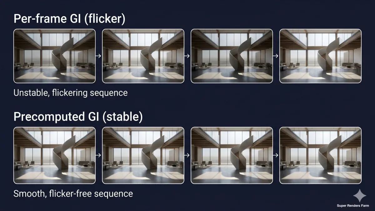 Global illumination num flythrough antes e depois do pré-cálculo: a fila superior de frames tem flickering com brilho irregular, a fila inferior é estável depois da light cache e irradiance map