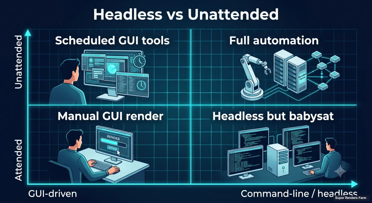 Quadrant zum Vergleich von Headless- und unbeaufsichtigtem Rendering nach Schnittstellentyp und menschlicher Beteiligung