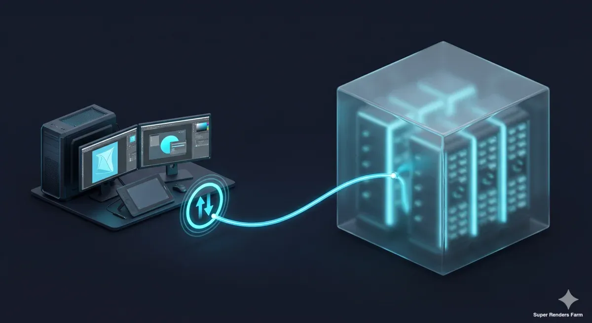 Eine verwaltete Cloud-render-farm orchestriert die Nodes, während der Künstler nur Upload und Abruf automatisiert