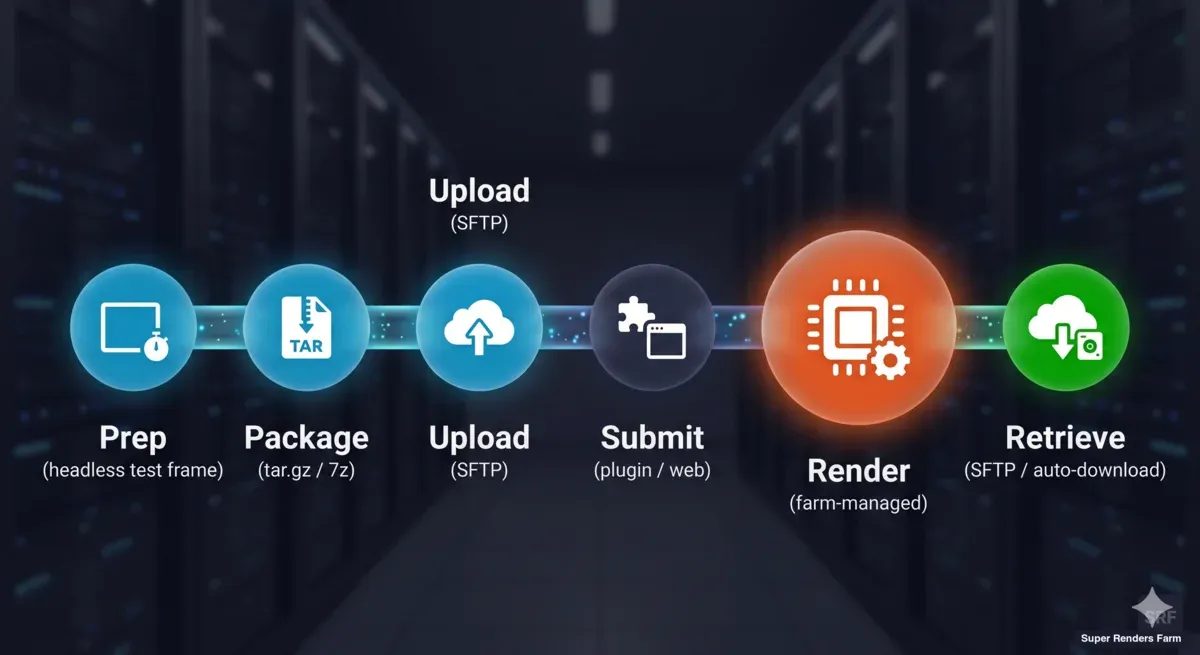 Sechsstufiger unbeaufsichtigter render farm Workflow: Vorbereitung, Paketierung, SFTP-Upload, Einreichung, Rendering, Abruf