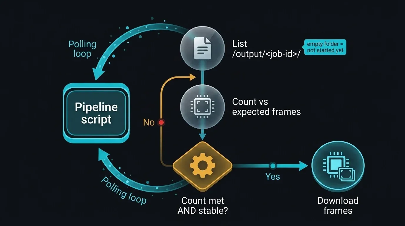 Sequenzdiagramm der Abfrage des SFTP-Ausgabeverzeichnisses zum Erkennen des Render-Abschlusses ohne Status-API: Ein Pipeline-Skript listet wiederholt /output/<job-id>/ auf, vergleicht die Frame-Anzahl mit der erwarteten Gesamtzahl, wartet bis die Anzahl sowohl das Ziel erreicht als auch über zwei aufeinanderfolgende Prüfungen stabil bleibt, und fährt dann mit dem Herunterladen fort — mit einem frühen leer-Ordner-Zustand, der als Job-nicht-gestartet gezeigt wird
