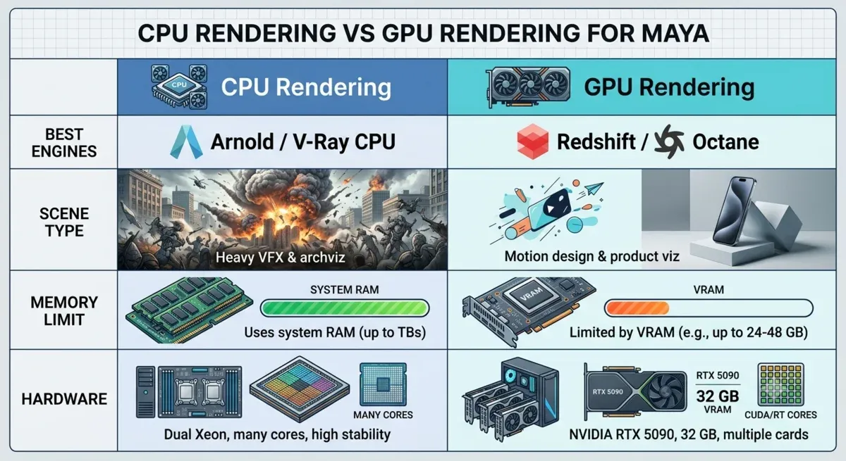 CPU versus GPU per Maya: Arnold e V-Ray su CPU per VFX pesanti e archviz, Redshift e Octane su GPU per motion design e visualizzazione di prodotti
