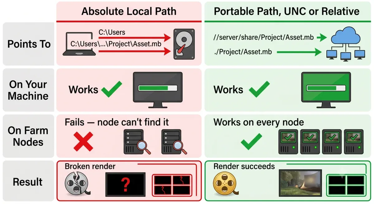 Risoluzione percorsi nella render farm: un percorso locale assoluto fallisce sui nodi worker, mentre un percorso UNC portabile o relativo si risolve su ogni nodo