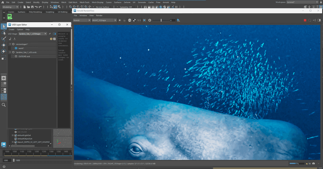 Uno stage USD stratificato nel Layer Editor di Maya — sublayer e reference visibili — accanto all'output di Arnold RenderView.